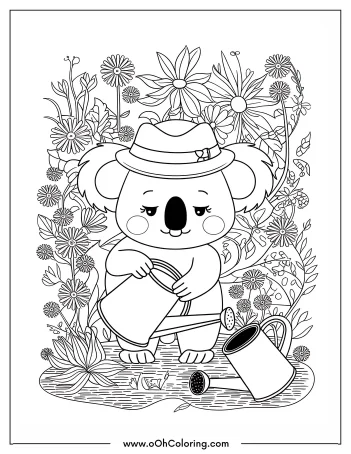 Koala wearing a hat with watering can in a garden of flowers.