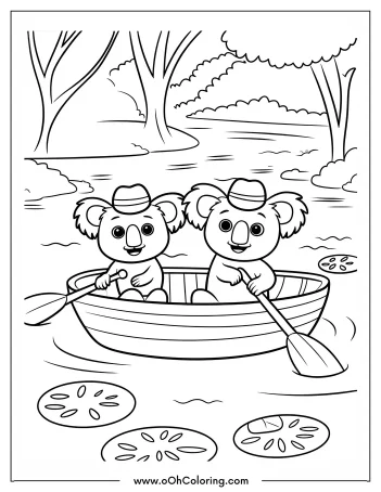 Two koalas with hats rowing a boat on a river with lily pads.