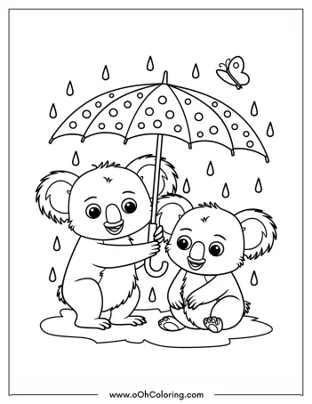 Two koalas sitting under an umbrella with raindrops and a butterfly in a coloring page.