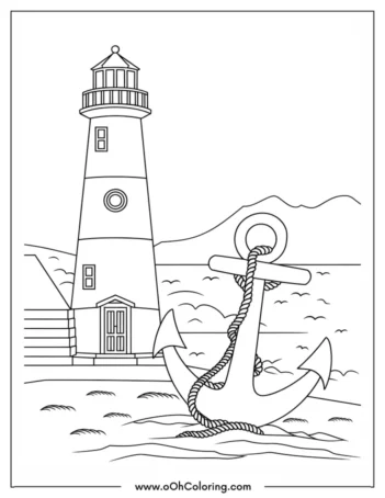 A coloring page of a lighthouse with an anchor in the foreground