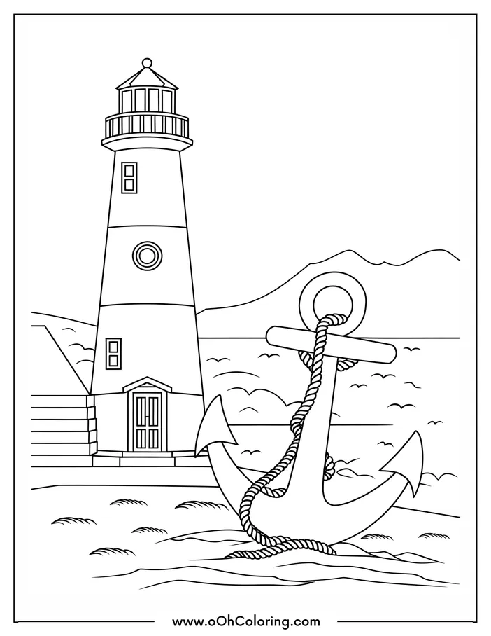 A coloring page of a lighthouse with an anchor in the foreground