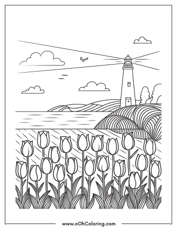 A coloring page with a lighthouse by the sea and tulips in the foreground