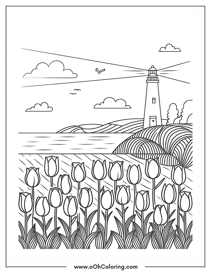 A coloring page with a lighthouse by the sea and tulips in the foreground