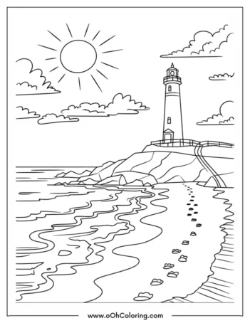 Coloring page of a lighthouse on a cliff by the sea with footprints in the sand, sun, and clouds.