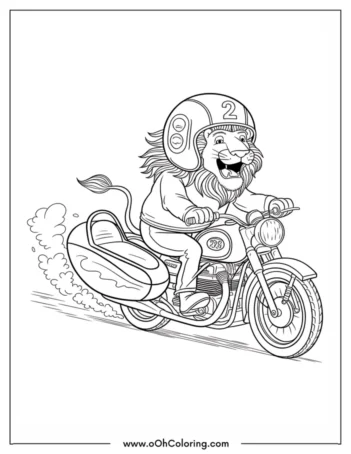 A coloring page of a smiling lion riding a motorcycle with a sidecar