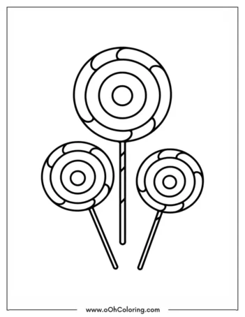 A coloring page of three lollipops on sticks.