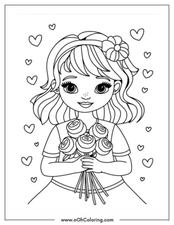 A coloring page of a girl holding flowers with hearts around her