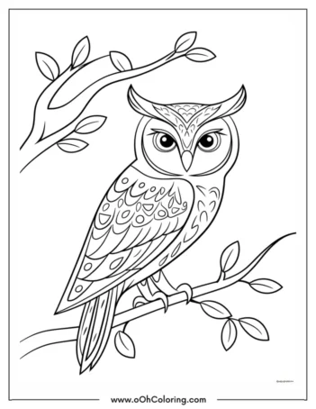 A coloring page of an owl sitting on a branch with leaves