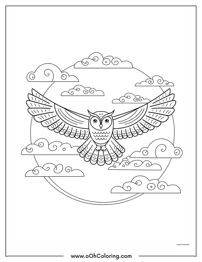 A coloring page of an owl flying with clouds around it