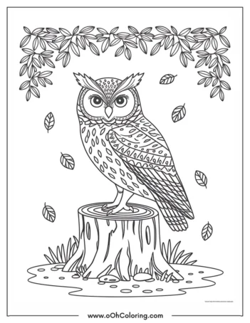 A coloring page of an owl sitting on a tree stump with leaves around