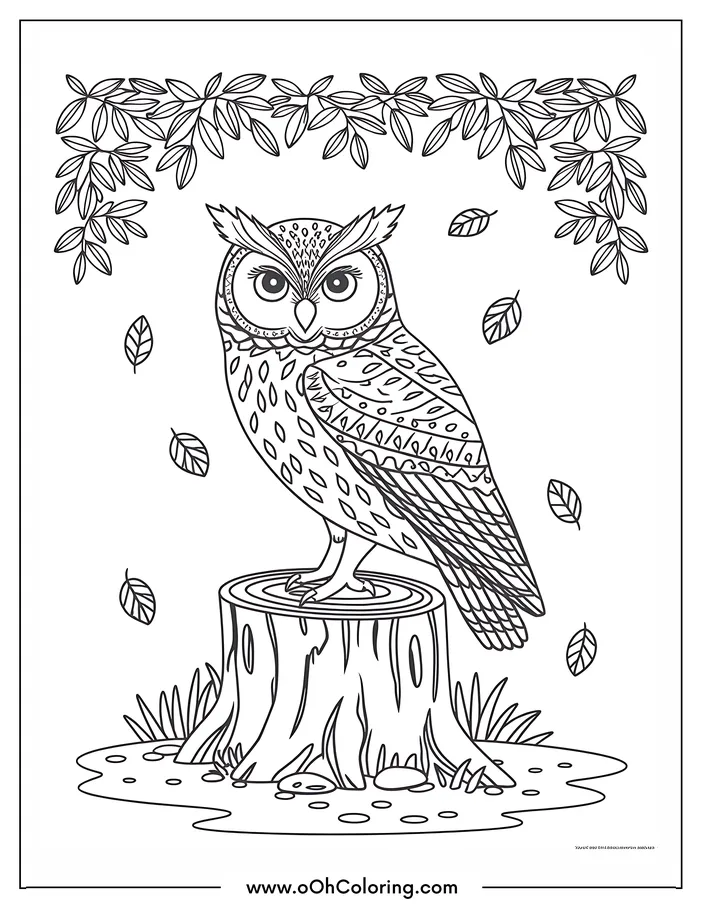 A coloring page of an owl sitting on a tree stump with leaves around