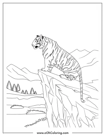 Coloring page of a tiger sitting on a cliff with mountains in the background.