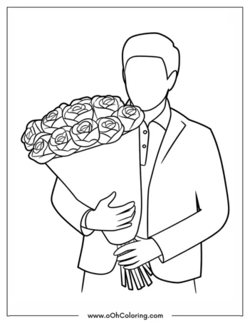 A coloring page of a man holding a bouquet of roses