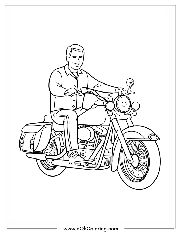 A coloring page featuring a man on a motorcycle