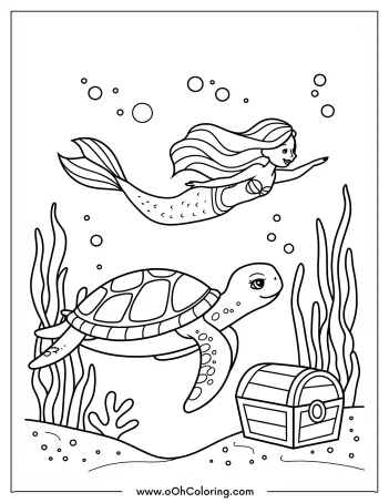 A coloring page of a mermaid swimming with a turtle underwater