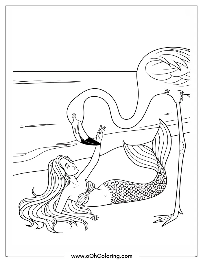 A coloring page of a mermaid lying on the beach with a flamingo