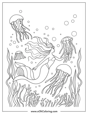 A coloring page of a mermaid swimming with jellyfish underwater