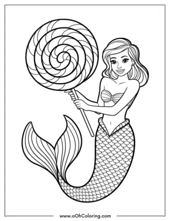 A coloring page of a mermaid holding a huge lollipop