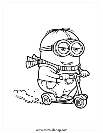 A coloring page of a Minion riding a scooter with goggles on.