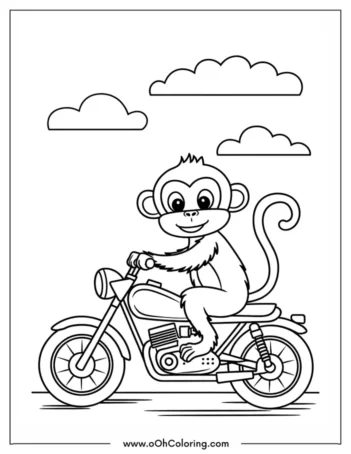 A coloring page of a monkey riding a motorcycle