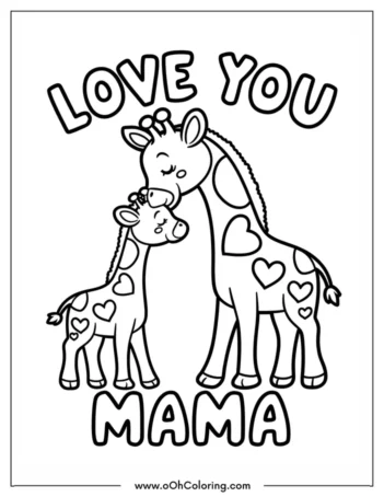 A coloring page of a mother giraffe with a baby giraffe with hearts around them.