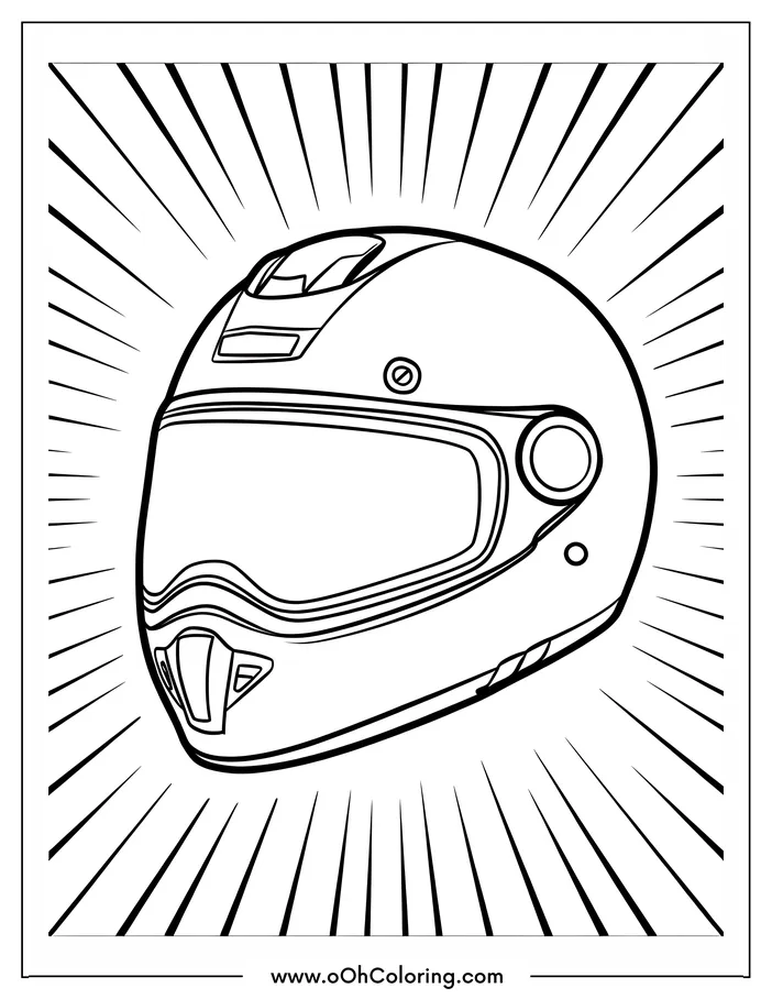 A coloring page of a motorcycle helmet with radiating lines around it.