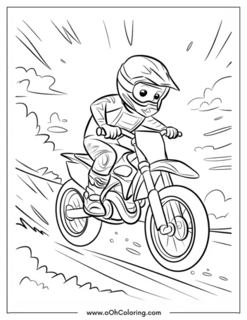 A coloring page of a motorcyclist riding a dirt bike
