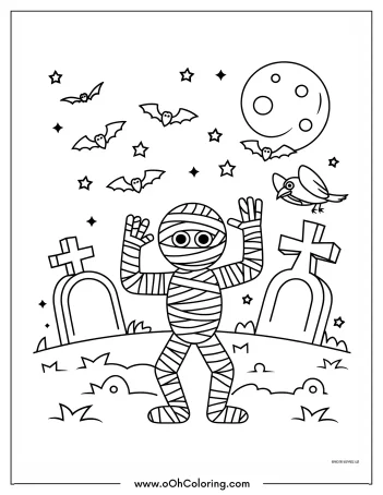 Black and white coloring page of a mummy in a graveyard with bats, a crow, and a full moon.