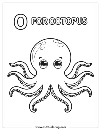 A coloring page of the letter O with a cartoon octopus