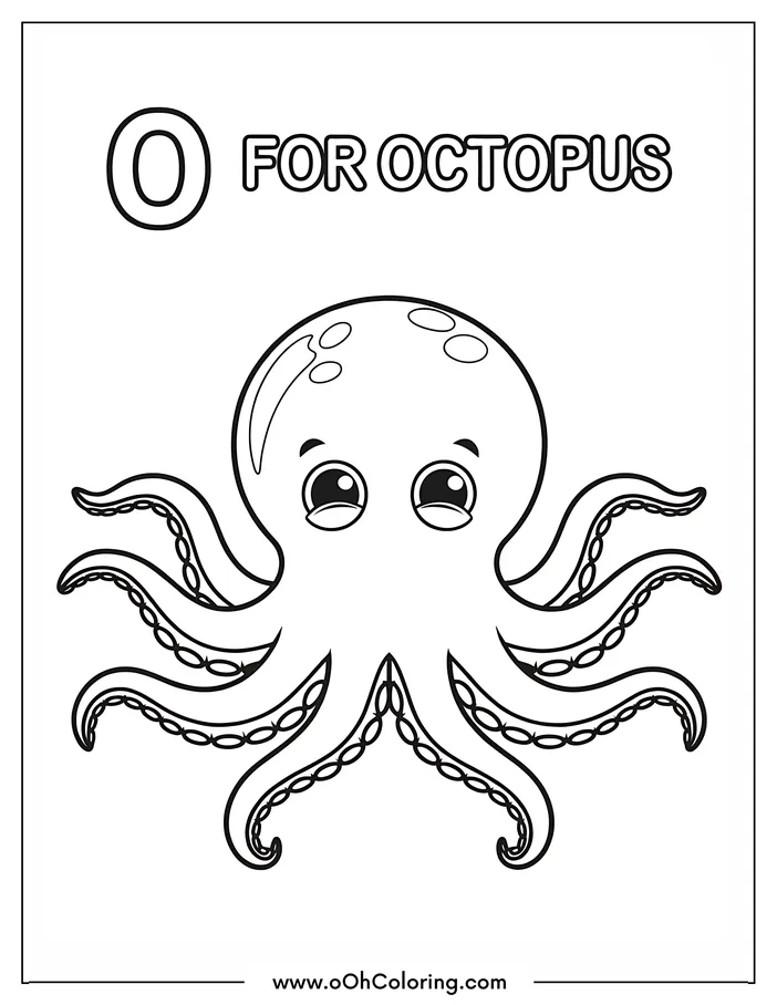 A coloring page of the letter O with a cartoon octopus
