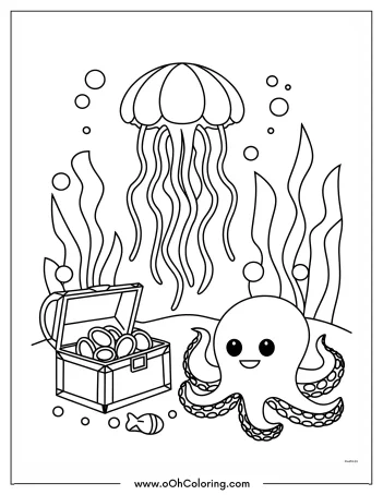 Coloring page of an octopus and a jellyfish near a treasure chest