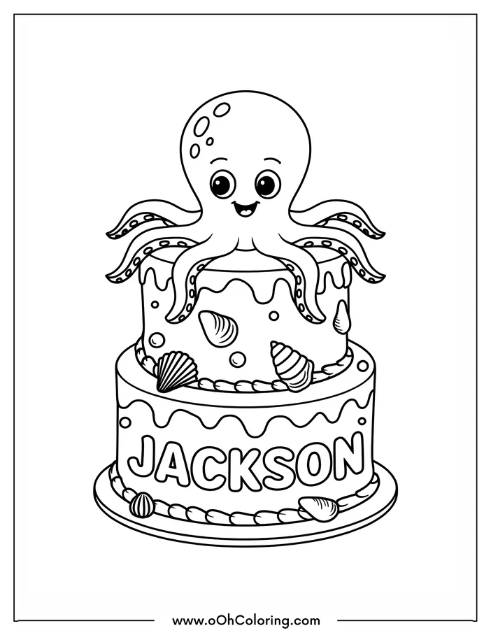 Coloring page of an octopus sitting on a decorated birthday cake with seashells