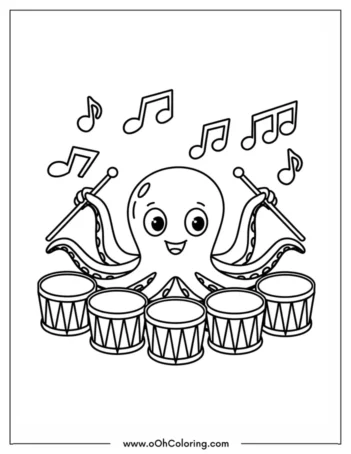 A coloring page of a smiling octopus playing drums with musical notes around