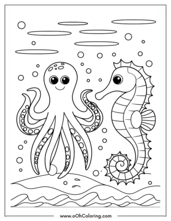 A coloring page of an octopus and a seahorse underwater