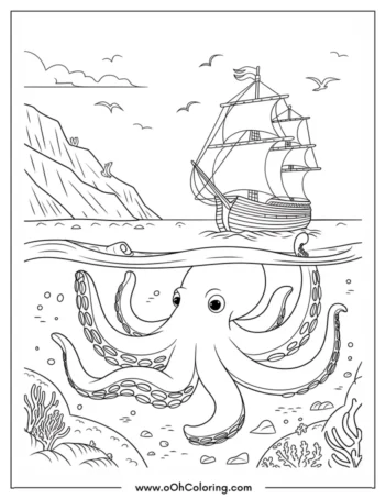 A coloring page of an octopus underwater with a sailing ship above