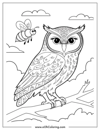 Coloring page with an owl on a branch and a bee flying beside it