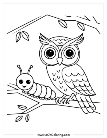 A coloring page of an owl and a caterpillar sitting on a branch