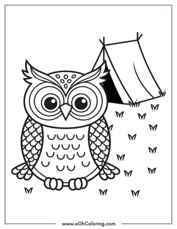 A coloring page of an owl sitting in front of a tent