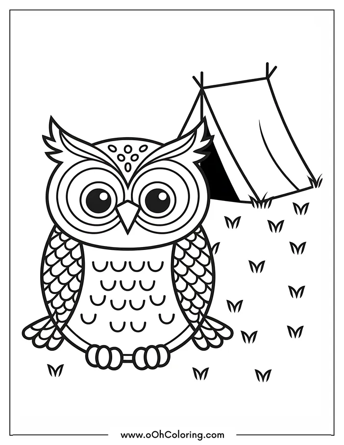 A coloring page of an owl sitting in front of a tent