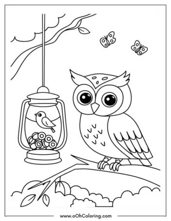 Coloring page of an owl on a branch with a bird in a lantern and butterflies around.