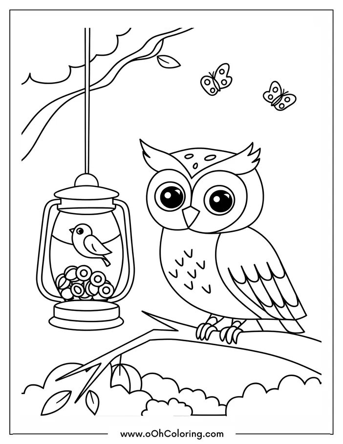 Coloring page of an owl on a branch with a bird in a lantern and butterflies around.