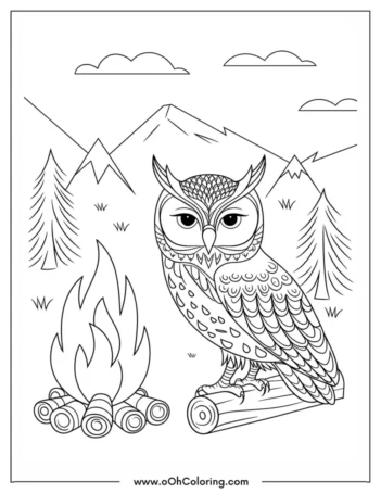 Coloring page of an owl sitting by a campfire with mountains in the background