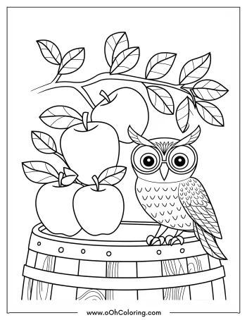 A coloring page of an owl sitting on a barrel with apples and leaves above