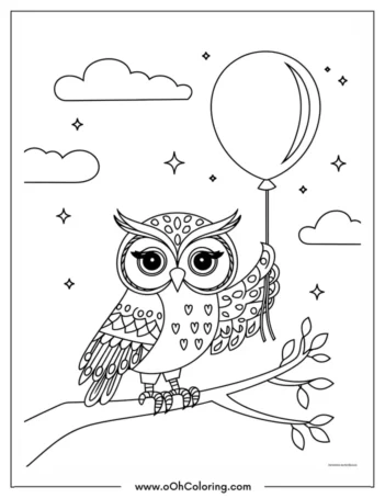 Coloring page of an owl holding a balloon while sitting on a branch