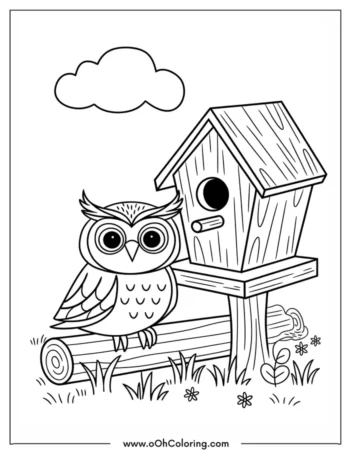 A coloring page with an owl sitting by a birdhouse