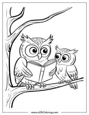 A coloring page of two owls sitting on a branch with one holding a book