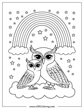 A coloring page of two owls on a cloud with a rainbow and stars