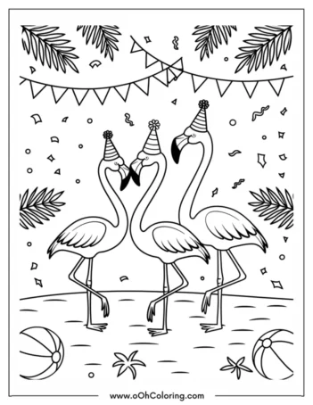 A coloring page of three flamingos with party hats surrounded by festive decorations