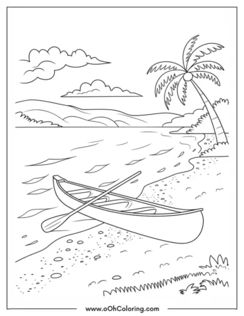 A coloring page of a canoe on a beach with a palm tree