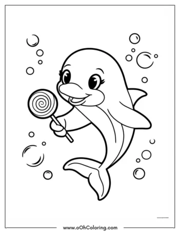 A coloring page featuring a dolphin holding a lollipop with bubbles around